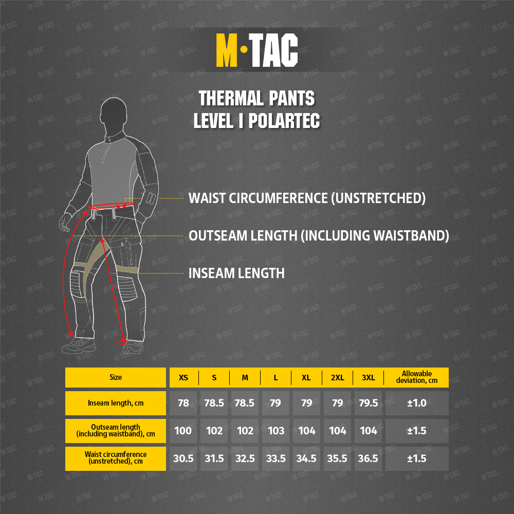 Größentabelle Thermohose Level I Polartec