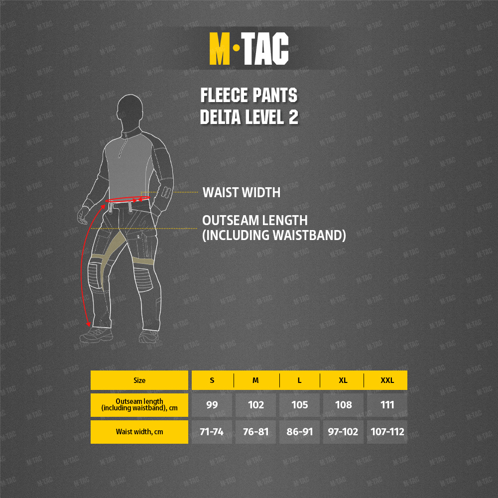 Size chart Fleece pants Delta Level 2