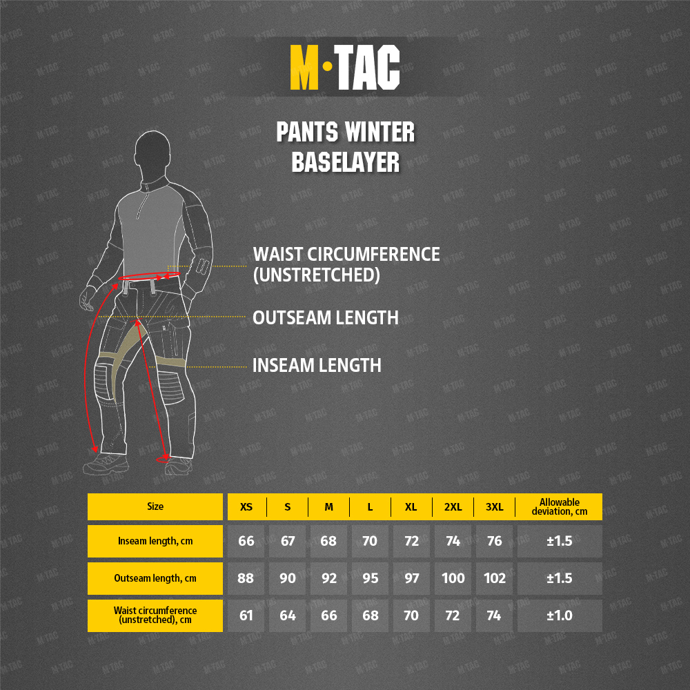 Size chart M-Tac Thermo Pants Polartec Winter Baselayer Vent