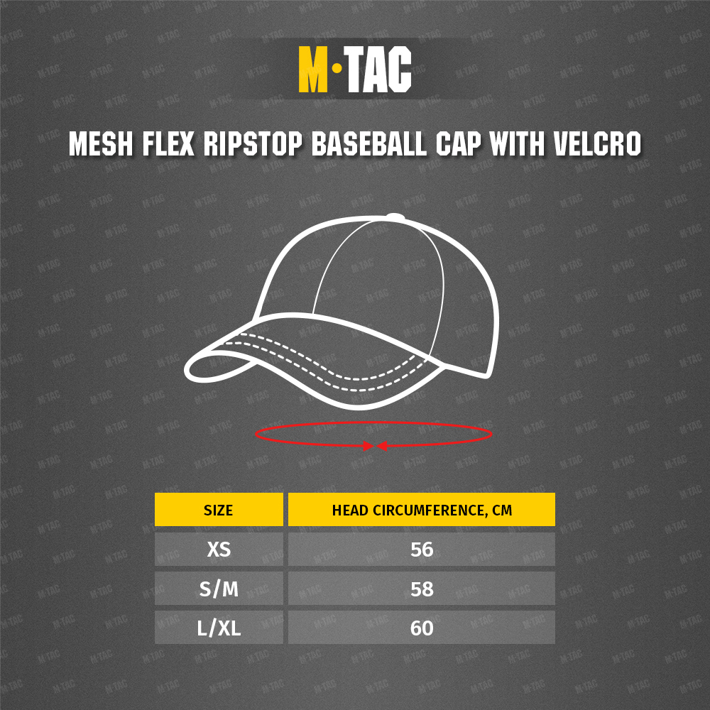 Size chart Mesh Flex Ripstop Baseball Cap with velcro