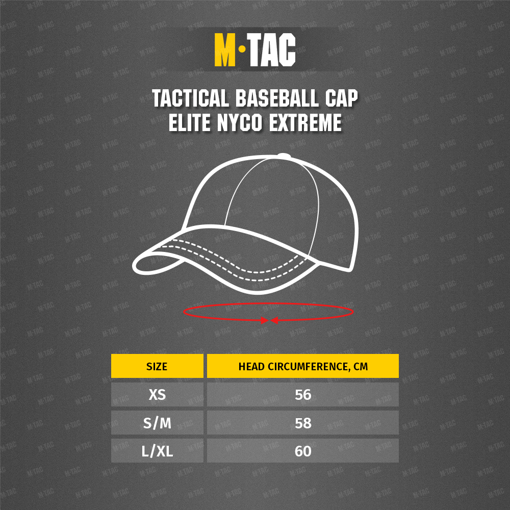 Size chart Tactical baseball cap Elite NYCO Extreme