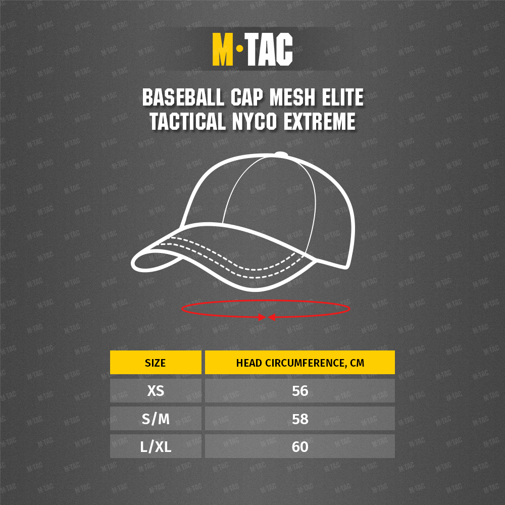 Size chart Baseball cap Mesh Elite tactical NYCO Extreme