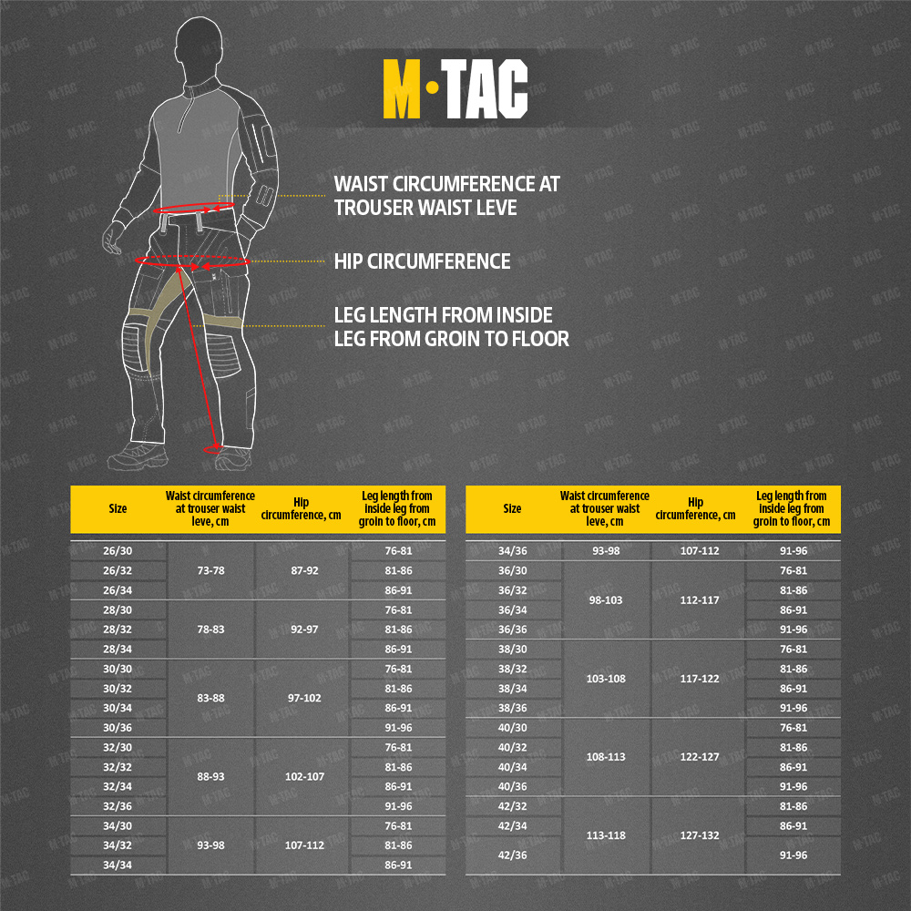 Size chart Pants Soft Shell Vent